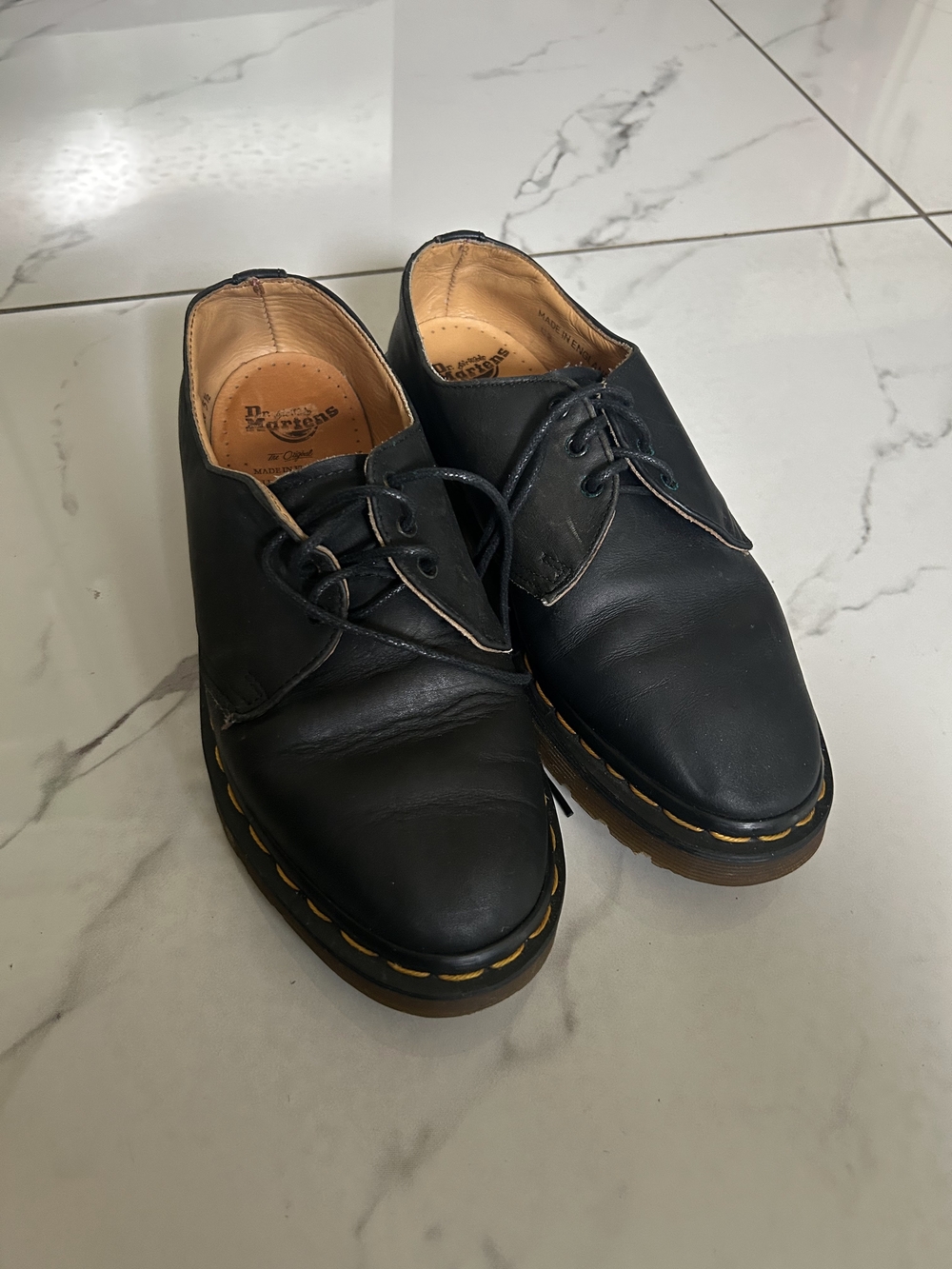 Dr. Martens Black Leather 3-Eye Derby with Yellow Stitching